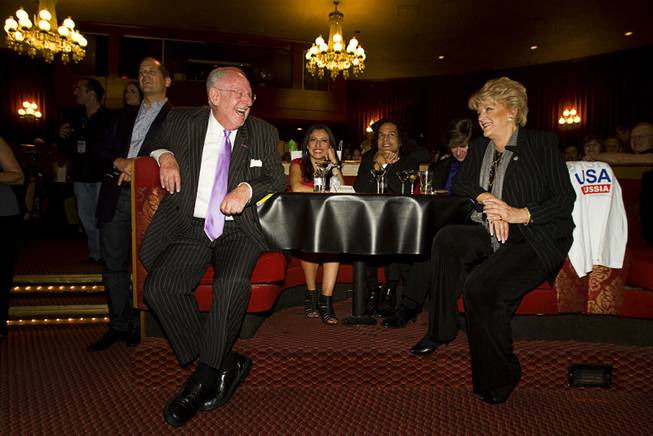 Former Las Vegas Mayor Oscar Goodman and his wife and current Mayor Carolyn Goodman listen to screenwriter Dustin Abraham during a "CSI" viewing party at the Plaza Showroom on Wednesday, Oct. 12, 2011. Goodman plays himself in the episode. In the story, Goodman is shot during the opening of The Mob Museum.
